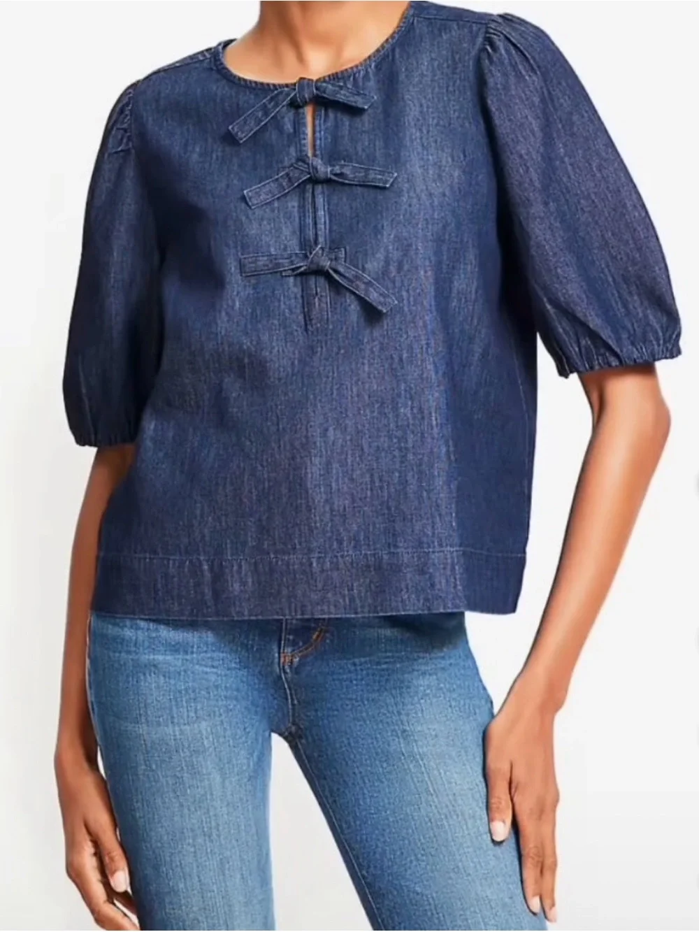NWT LOFT Dark Blue Denim Bow-Tie Puff Sleeve Blouse sz XL chambray